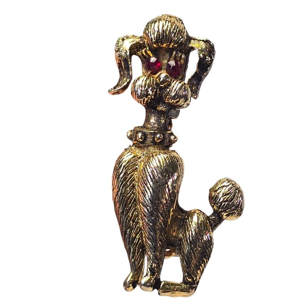 Vintage Poodle Dog Brooch Gold Red Rhinestone Eyes Textured Mid Century Pin